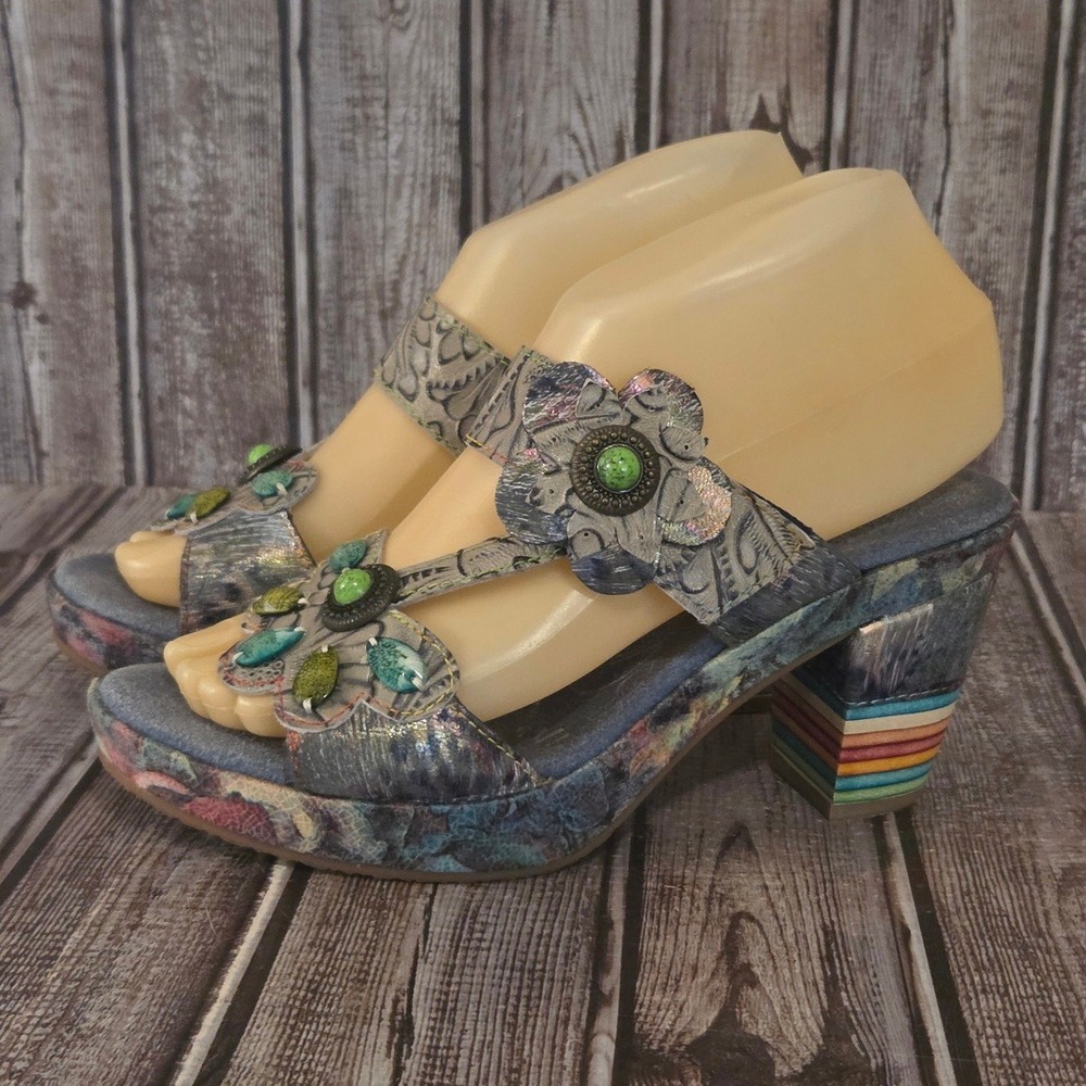 Sz 38/ 7.5-8 L'Artiste Meliauna Spring Step Leather Rainbow Heel Sandals DEFECT